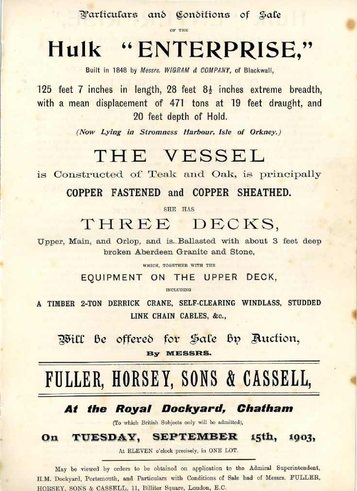 Notice of sale in 1903 of hulk 'Enterprise'