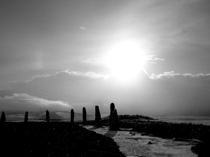 Brodgar - snow in black and white