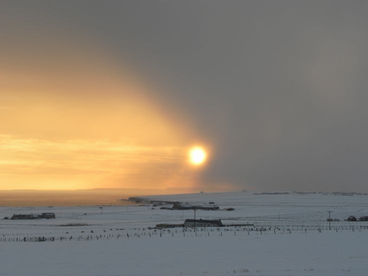 Snow shower coming over Deerness