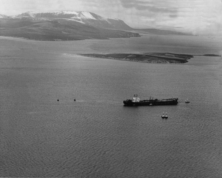 Tanker in Scapa Flow from the air