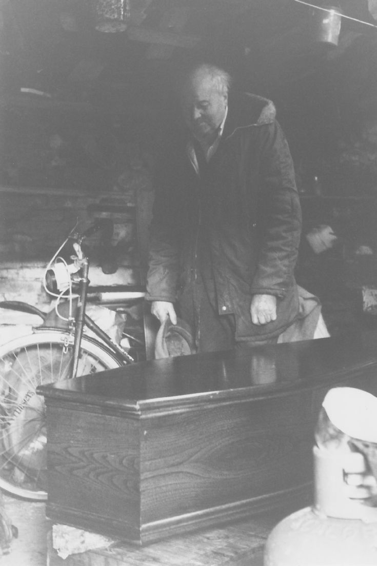 Edwin Harrold with film prop coffin