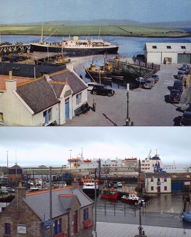 View over Stromness pierhead 1950s and now.
