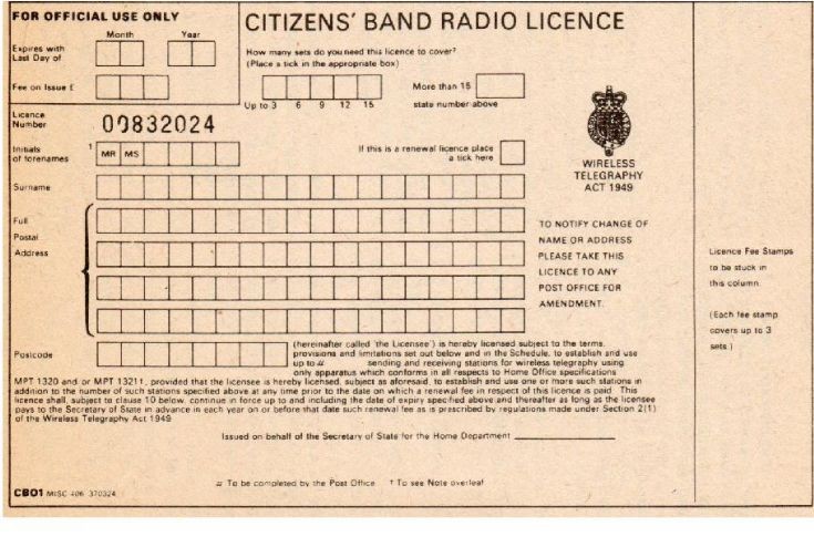 CB licence form. 1981