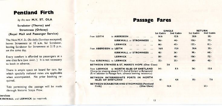 Pentland Firth Crossing 1951 Timetable and prices
