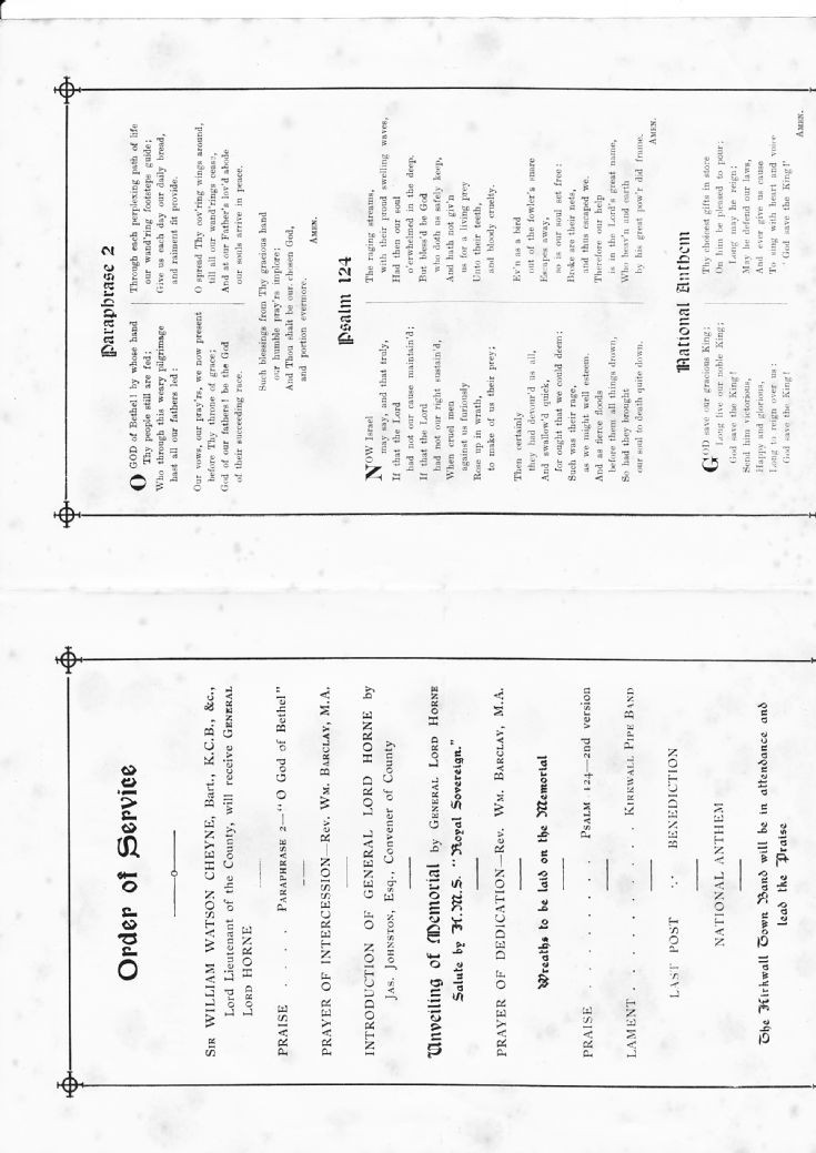Programme for Unveiling Kitchener Memorial 1926
