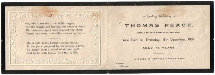 Memoriam card for Thomas Peace