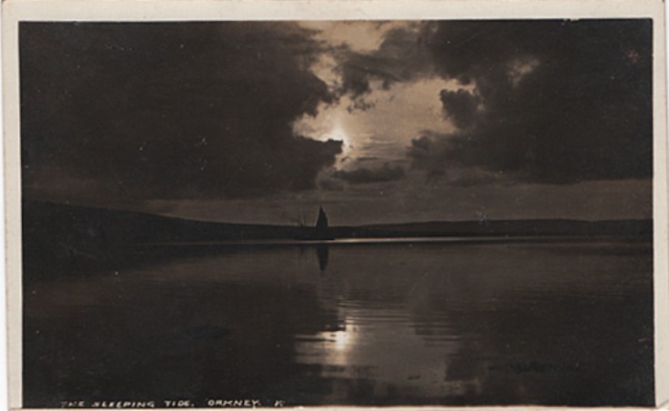 Sun setting on becalmed yacht, 1930s