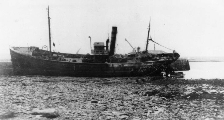 Carmania ashore at Longhope pier
